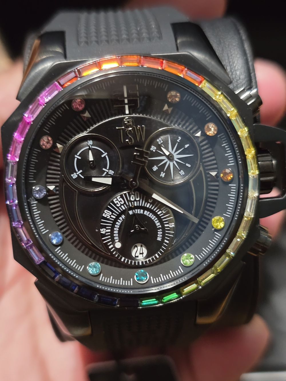 Black Chronograph Watch with Rainbow Accent Bezel